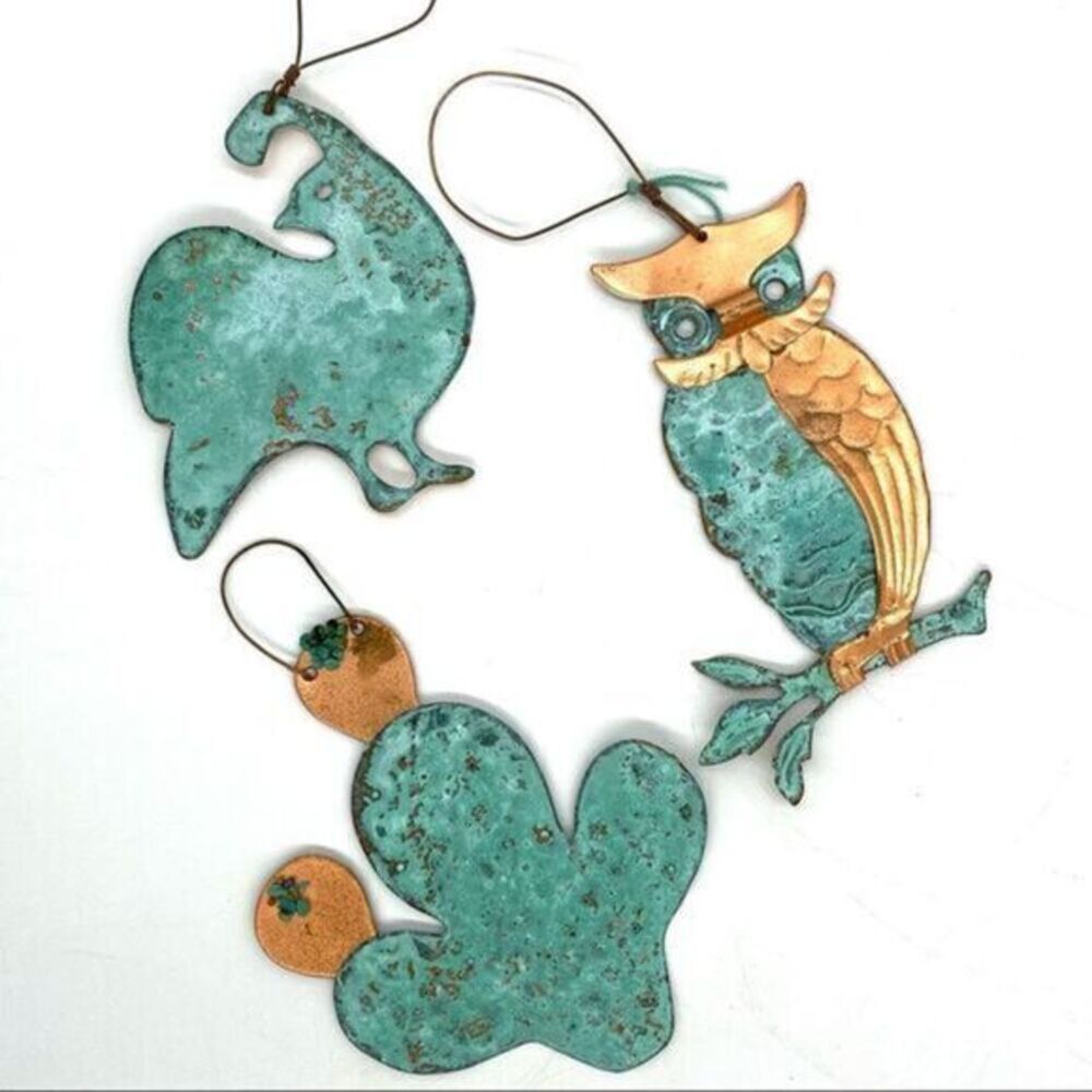 Handmade Copper Verdigris Ornaments Owl, Quail and Prickly Pear Cactus